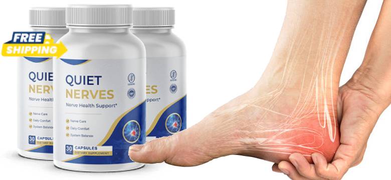 Quiet Nerves nerve health support bottles beside a person holding a sore foot
